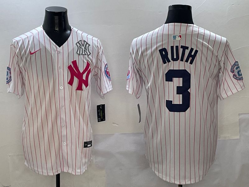 Men New York Yankees 3 Ruth White Stripe Jointly Name Nike 2025 MLB Jersey style 6